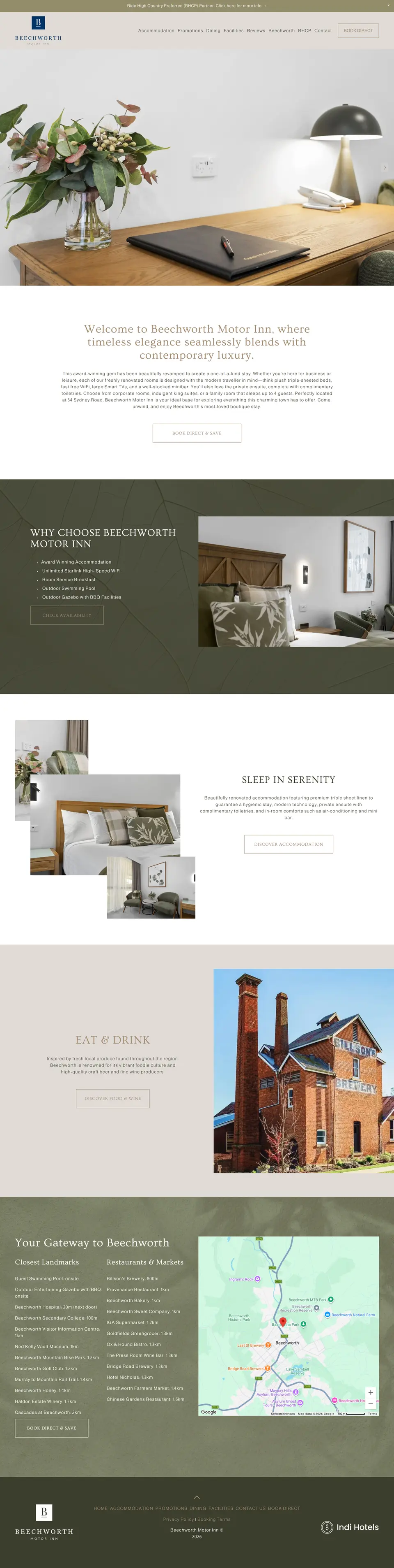 Beechworth Motor Inn website homepage, designed by Indi