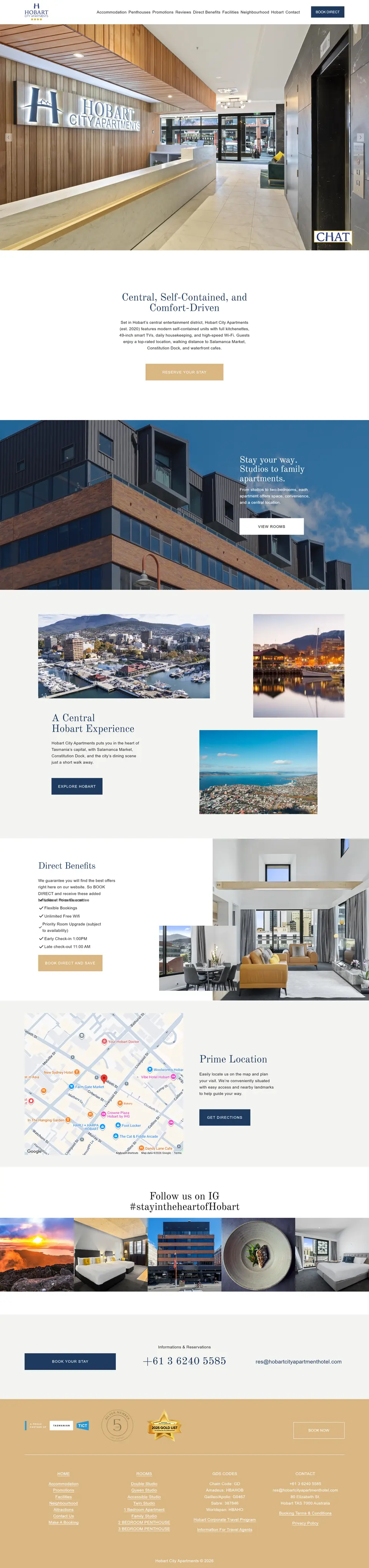 Hobart City Apartments website homepage, designed by Indi
