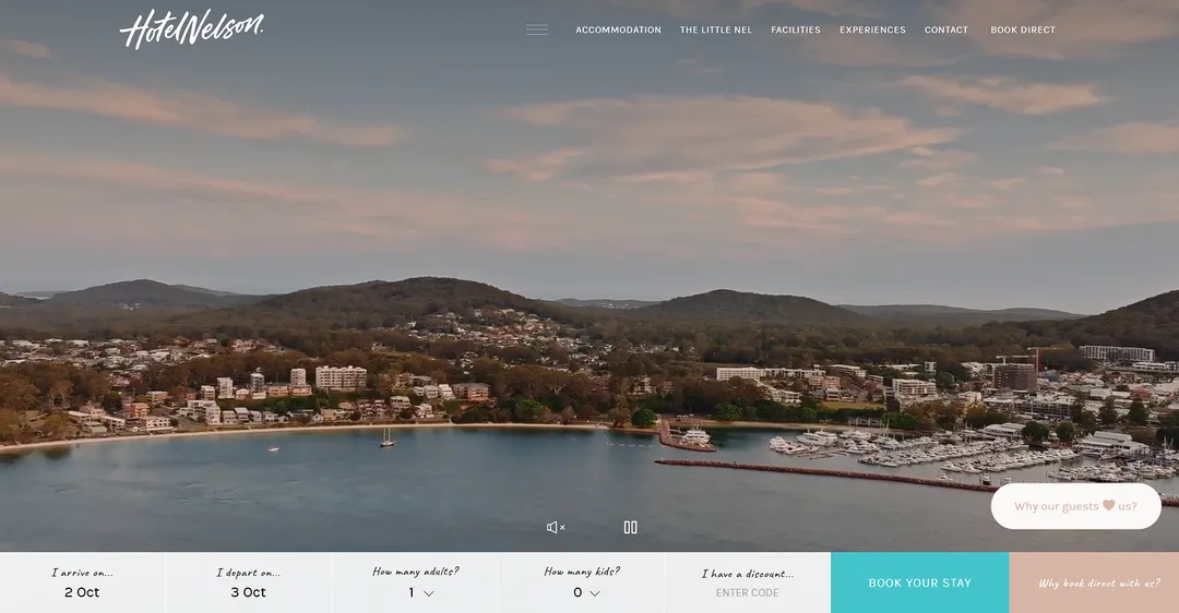Hotel Nelson website designed by Indi, showing an aerial view of Nelson Bay and the marina